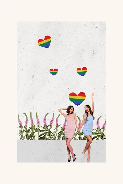 Composite Collage Picture Image Attractive Girlfriends Dancing Lgbt Love Hearts — Stock Photo, Image