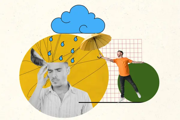 悲しい男のコラージュ3Dイメージレトロスケッチオープンヘッド頭痛の雨天は傘薬奇妙な奇妙な異常なファンタジーを保持しています — ストック写真