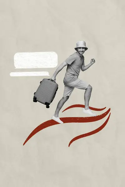 Vertical Collage Image Excited Black White Effect Guy Hold Suitcase — Stock Photo, Image