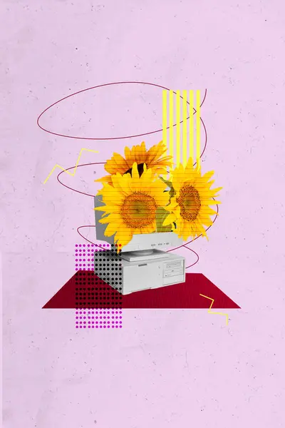 垂直创意拼贴海报迷人的开花花Pc监控复古屏幕显示束向日葵绘图背景 — 图库照片