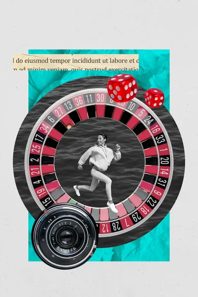 Kreativ Metafor Konstverk Collage Flicka Som Springer Snabbt Casino Roulette — Stockfoto