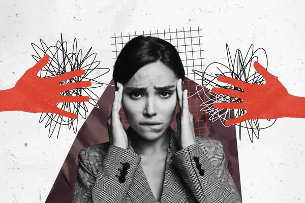 Photo Collage Minimal Picture Stressed Depressed Lady Feeling Migraine Isolated — Stock Photo, Image