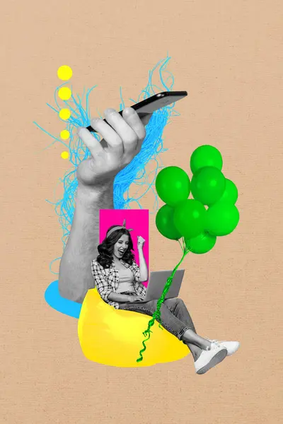 Collage image pinup pop retro sketch of hand hold mobile phone air balloons online shopping weird freak bizarre unusual fantasy billboard.