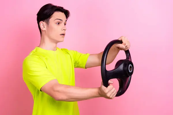 Photo Portrait Handsome Teen Male Nervous Hold Steering Wheel Wear — Stock Photo, Image