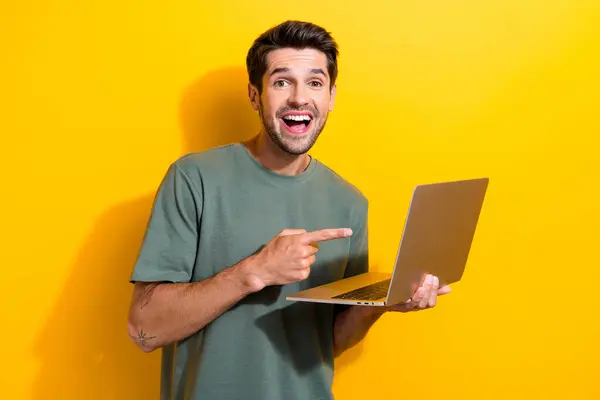 Portrait Impressed Guy Stubble Wear Stylish Shirt Directing Laptop Amazing — Stock Photo, Image