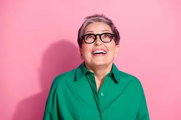 Photo Portrait Pretty Retired Female Look Excited Empty Space Wear — Stock Photo, Image