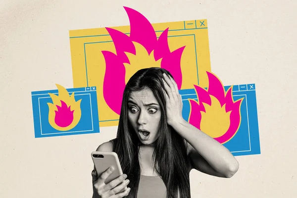 Photo collage young girl touch head shocked confused reaction smartphone overload workaholic urgency deadline burning flame.