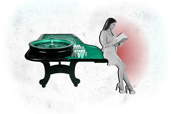 Collage Van Jonge Vrouw Winnaar Miljonair Spelen Blackjack Casino Roulette — Stockfoto