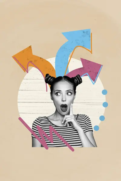 Vertical Criativo Colagem Cartaz Jovem Menina Surpreso Perguntando Que Maneira — Fotografia de Stock