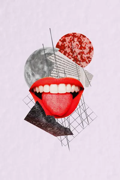 赤い口紅で女性の口のコラージュ画像 創造的な描画テキストの背景に隔離された健康な白い歯 — ストック写真