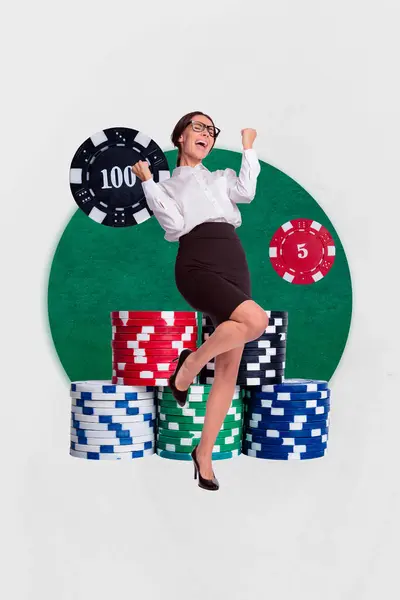 Вертикальный Творческий Коллаж Радостной Бизнес Леди Играть Покер Казино Рискуют — стоковое фото