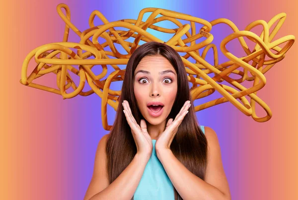 Creative abstract template graphics collage image of excited funny lady having tangles thoughts isolated colorful background.