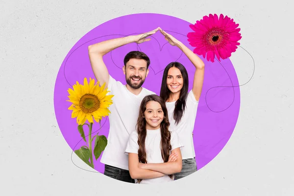 Creative collage peaceful family life parents child girl adoption prosperity roof house comfort safety beautiful flowers drawing background.