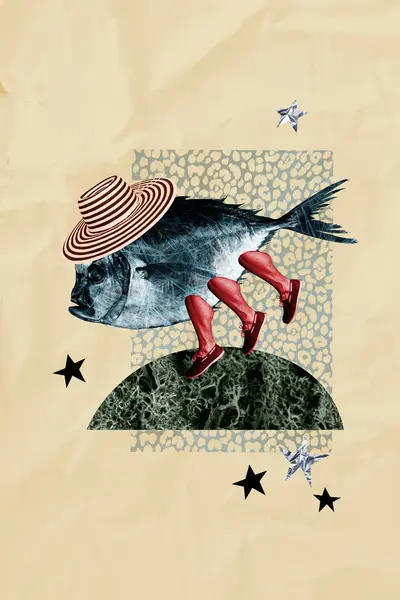Vertical collage picture of weird unusual underwater creature with human legs isolated on creative drawing background.
