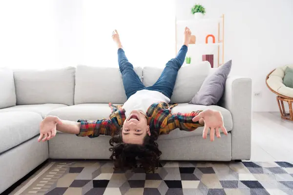 Photo Carefree Good Mood Guy Dressed Checkered Shirt Lying Sofa — Stock Photo, Image