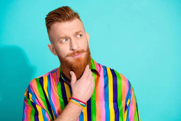 Photo Minded Groomed Man Wear Striped Clothes Arm Touch Beard — Stock Photo, Image