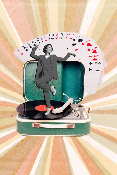 Collage Kunstwerk Minimales Bild Von Glücklich Lächelnden Dame Tanzen Genießen — Stockfoto