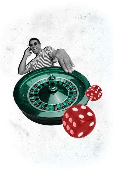 Vertical creative collage image of energetic funny dj casino player spin roulette listen enjoy music ffantasy billboard comics zine minimal.