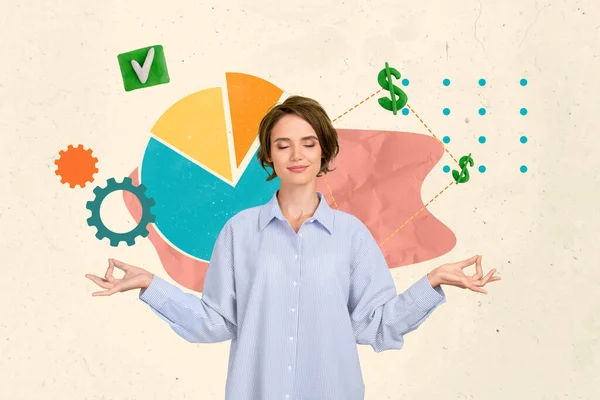 Collage Bild Junge Erfolgreiche Geschäftsfrau Meditation Erreichen Gute Ergebnisse Einkommenssteigerung — Stockfoto