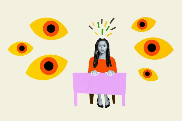 Kreativ Foto Collage Junge Gestresste Verwirrte Frau Leiden Augenspionage Vision — Stockfoto