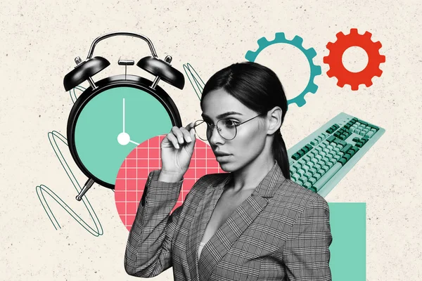 Dibujo Creativo Collage Imagen Confianza Atractiva Mujer Empresario Reloj Tiempo —  Fotos de Stock