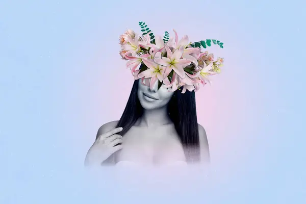 愛らしい夢見る女性のクリエイティブ雑誌のコラージュイメージは 花冠を隔離されたブルーカラーの背景を着用します — ストック写真