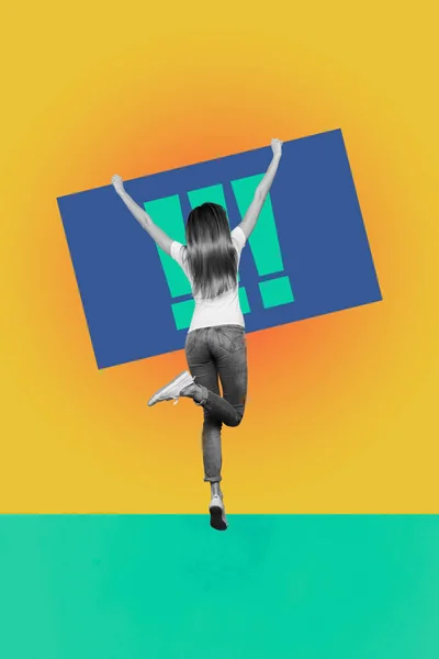 Vertical Collage Creative Illustration Monochrome Effect Excited Young Woman Jump — Stock Photo, Image