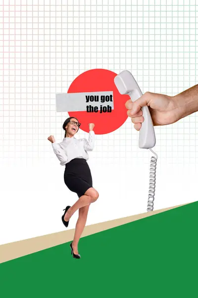 Vertical Creative Photo Collage Young Amazed Funny Businesswoman Got Job — Stock Photo, Image