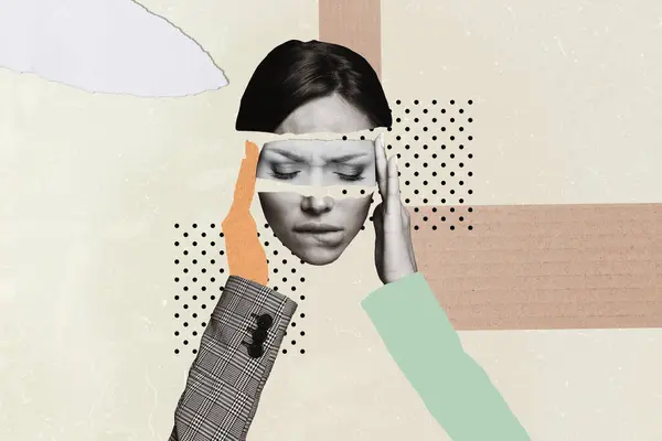 Creative Weird Collage Overwhelmed Woman Touch Face Suffer Terrible Migraine — Stock Photo, Image