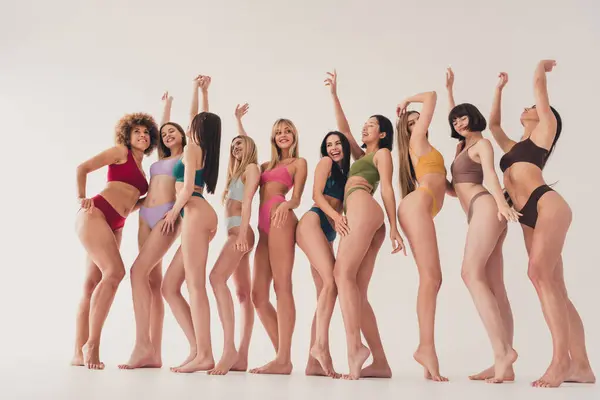 Retouch Photo Ten Carefree Girls Wear Basic Underwear Clothing Dancing — Stock Photo, Image