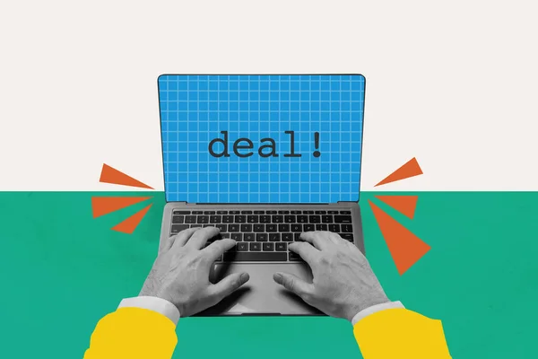 Kreatywny Trend Kolaż Rąk Wpisując Laptop Kontrakt Udany Biznes Plan — Zdjęcie stockowe