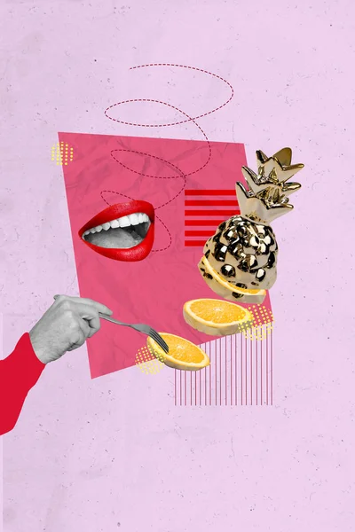 Collage Créatif Affiche Verticale Femme Lèvres Dents Sourire Fourchette Ananas — Photo