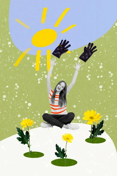 Vertical creative collage poster young girl change clothes winter outdoors snowflake falling daisy flowers new season sunshine forecast.