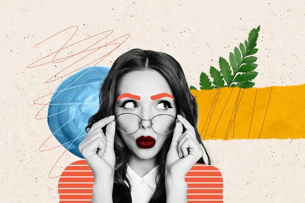Photo collage picture young flirty elegant lady glasses blow red lips lipstick kiss cosmetics draw eyebrows green fresh plant leaves.