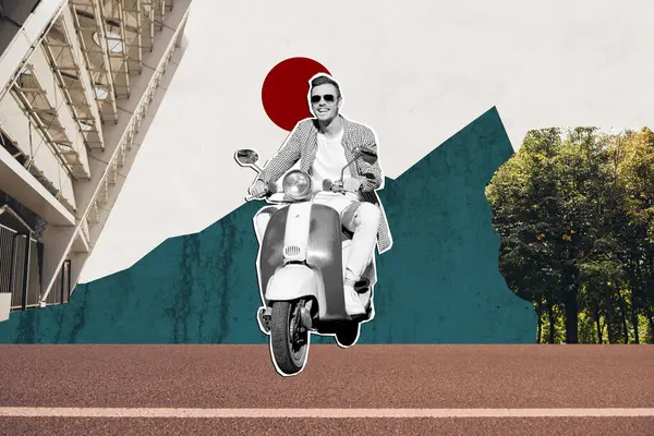 Collage graphics picture of happy smiling guy riding moped enjoying vacation isolated painting background.