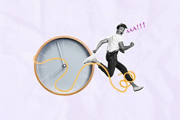 Collage Pinup Pop Retro Sketch Image Excited Guy Running Late — Stock Photo, Image