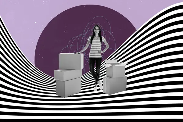 Photo collage artwork picture of alone woman ready to relocate prepared carton boxes for shipping isolated over hypnotizing background.