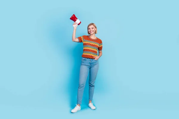 Full Size Photo Optimistic Cute Girl Wear Striped Shirt Raising — Stock Photo, Image