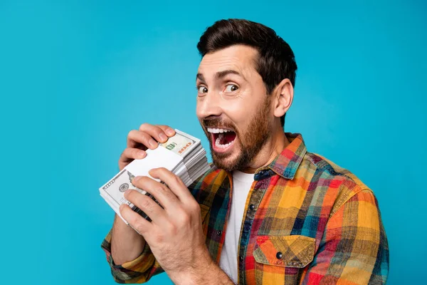 Portrait Nervous Guy Stubble Wear Checkered Shirt Hold Money Banknotes — Stock Photo, Image