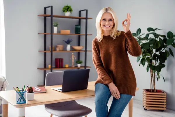Photo of happy blond hair senior age office administrator smiling woman in brown sweater show okey symbol sitting desktop office indoors.