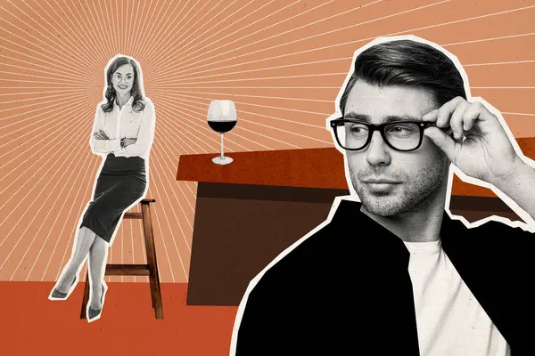 Contemporary Art Collage Illustration Young Couple Meet Bar Girlfriend Work — Stock Photo, Image
