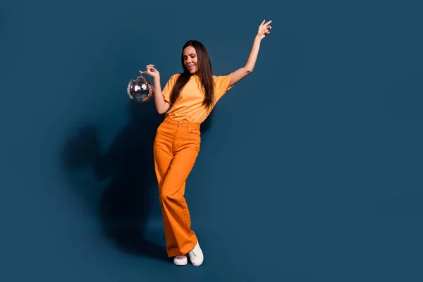 Full Length Photo Lady Wearing Orange Apparel Have Festive Mood — Stock Photo, Image