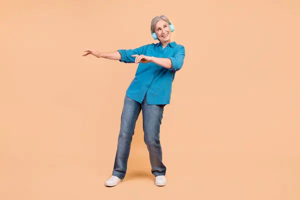 Full Length Photo Good Mood Person Wear Blue Shirt Jeans — Stock Photo, Image