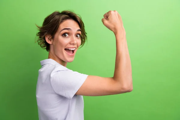 Closeup Side Photo Young Lady Show Her Perfect Figure Biceps — Stock Photo, Image