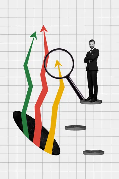 Collage Vertical Debout Jeune Homme Affaires Satisfait Entrepreneur Dynamique Progrès — Photo