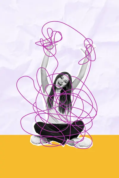 Creative Abstract Template Graphics Collage Image Funny Lady Tangled Rope — Stock Photo, Image