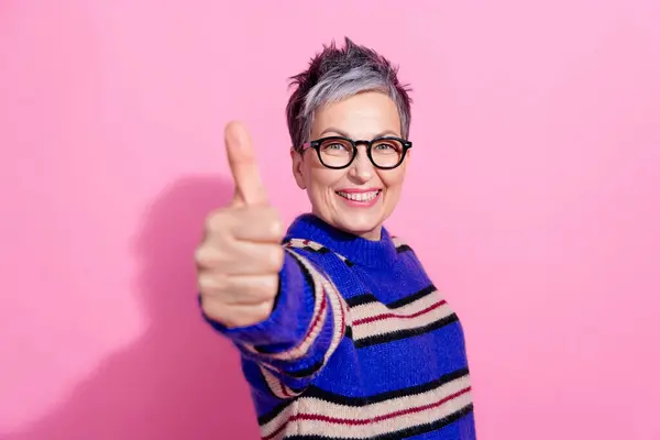Portrait Good Mood Optimistic Woman Wear Striped Pullover Showing Thumb — Stock Photo, Image