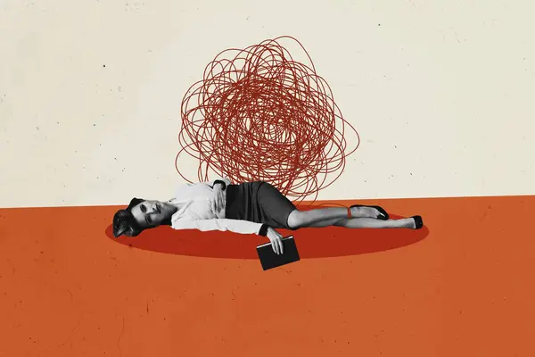 Collage picture illustration of corporate messy business woman stressed laying down overworked in office isolated on orange background.