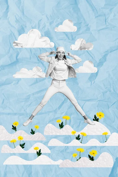 Vertical collage poster young happy overjoyed cheerful girl jump celebrate springtime season nature flora daisy flowers blossom.