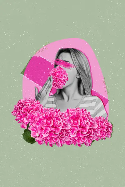 Creative vertical collage poster young woman sleepy yawning hidden eyes speechless pink flowers blossom bunch drawing background.